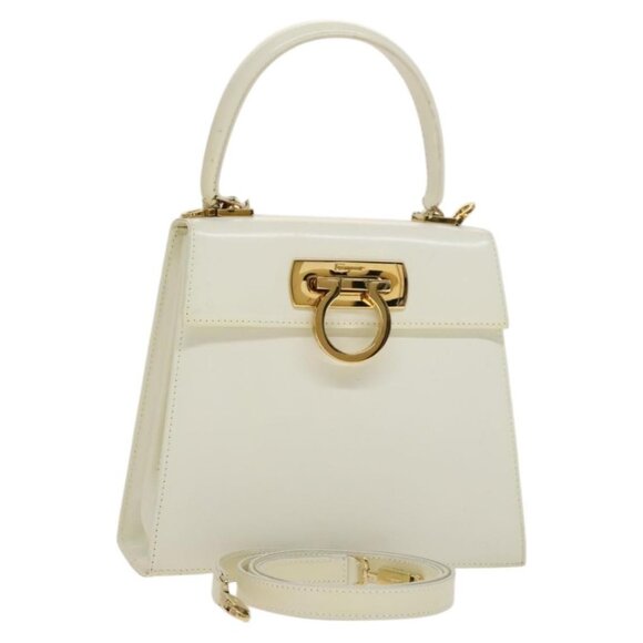 Salvatore Ferragamo Gancini Hand Bag Leather 2way White Gold Auth 134575 - Picture 1 of 16